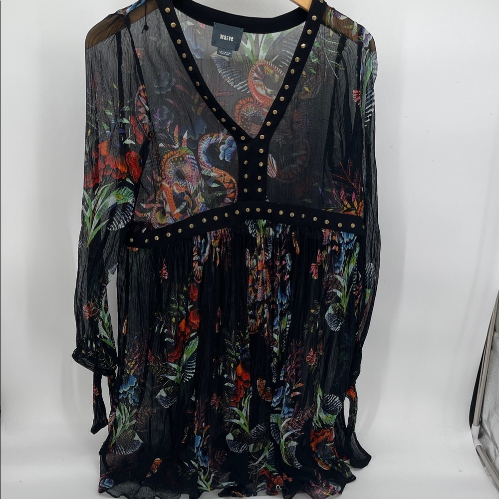 Anthropologie Maeve Nighttime Florals Sheer Studded Babydoll Dress Size 6